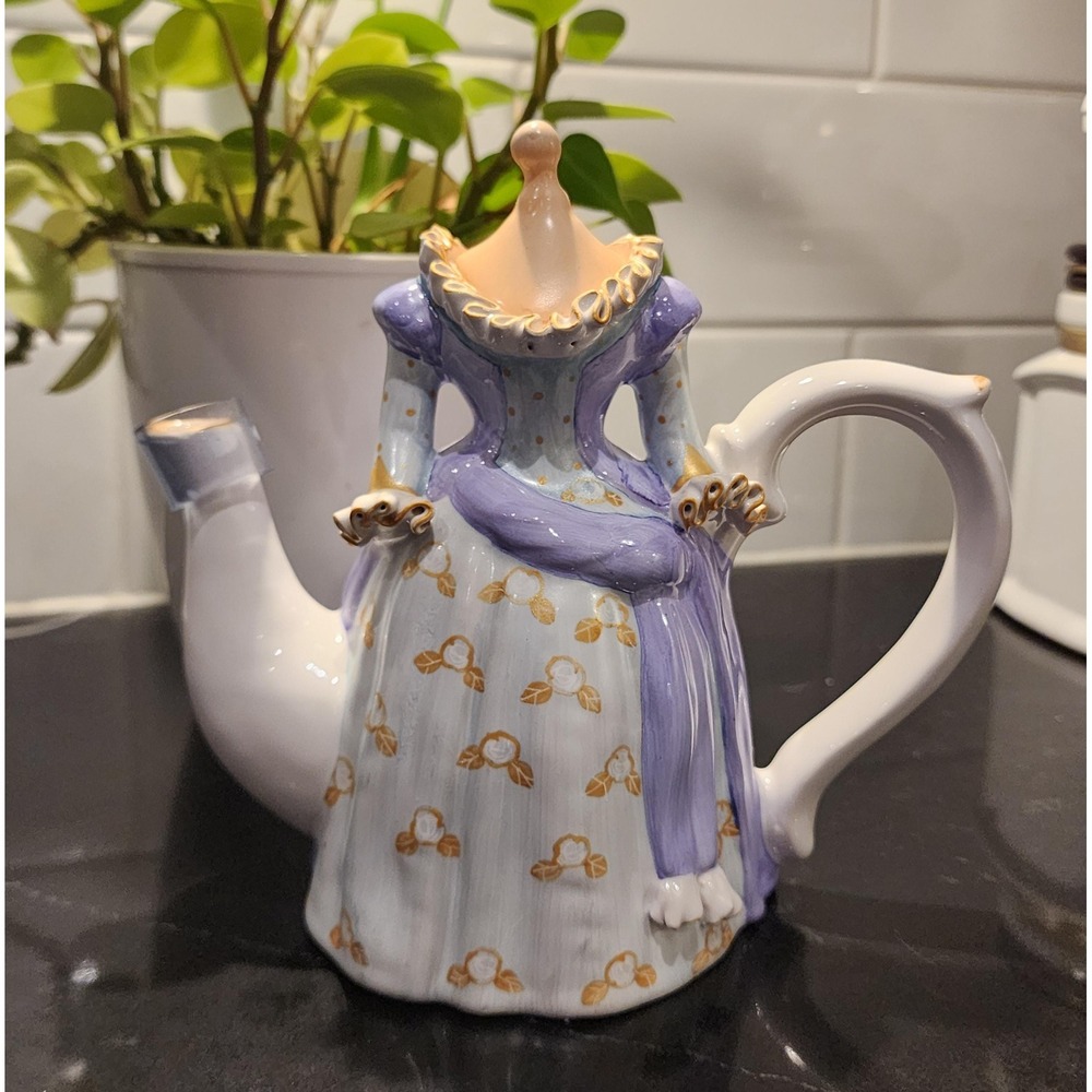 Vintage Marutaki Japan Figural Lady Teapot Purple Gown Porcelain